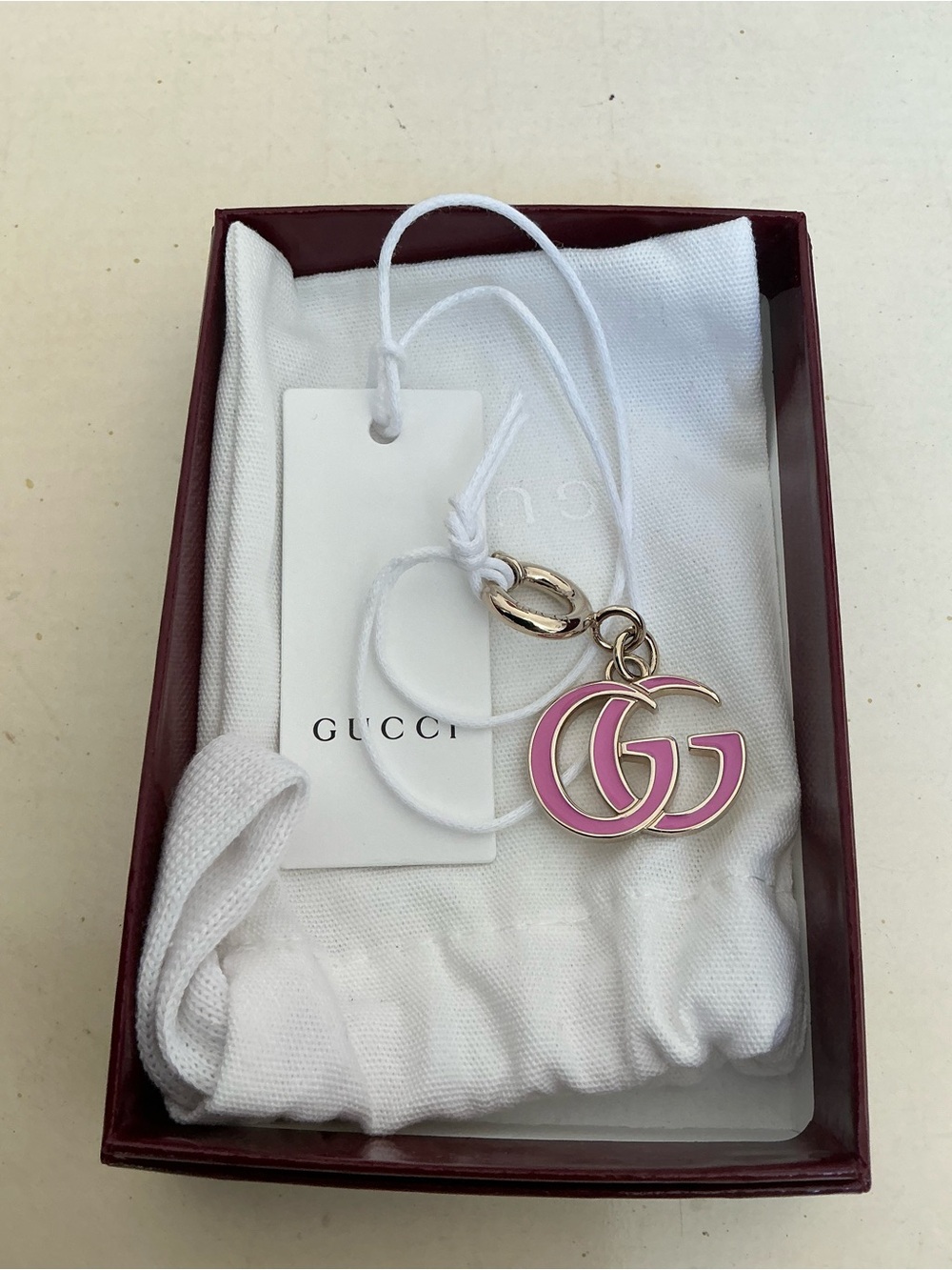 NEW IN BOX GUCCI PINK ENAMEL DOUBLE G LOGO BAG CHARM